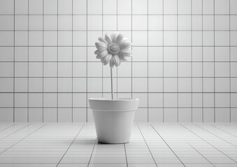 A white flower in a white pot against a white tiled backdrop