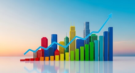 Colorful 3d bar graph representing financial growth and economic progress with a rising blue line graph superimposed over a cityscape silhouette at sunrise