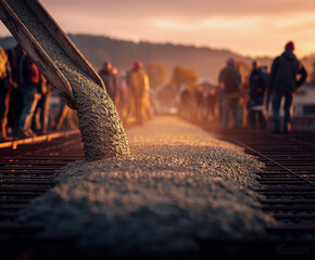 Concrete pump pouring fresh concrete into formwork at sunrise on construction site