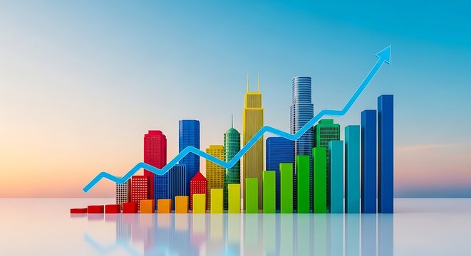 Colorful 3d bar graph representing financial growth and economic progress with a rising blue line graph superimposed over a cityscape silhouette at sunrise - Powered by Adobe