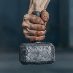 Weathered hand gripping blacksmith hammer during powerful downward strike