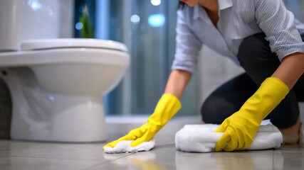 Action shot of woman scrubbing toilet with yellow gloves, bright modern bathroom interior, white tiles, soft lighting enhancing sense of cleanliness and hygiene