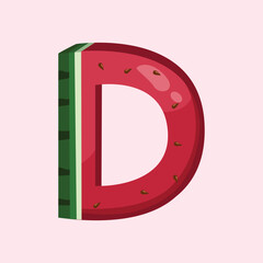 A creative flat illustration of the letter D designed with fruit texture, suitable for educational content, alphabet learning, and playful typography.