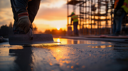 Construction worker smoothing wet concrete with steel trowel during finishing work at sunset