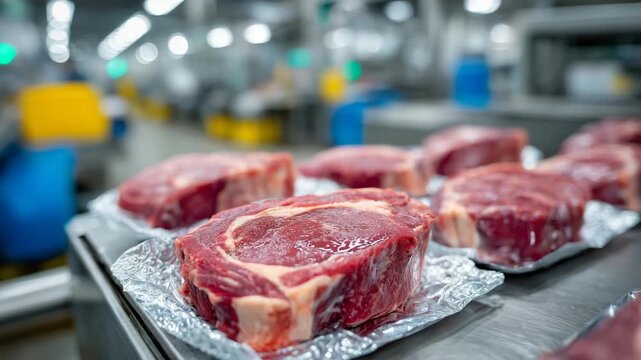 178Packaged beef steaks on shiny metal table in food processing facility, neat alignment, bright lighting highlighting textures of meat and packaging, sterile and efficient environmen