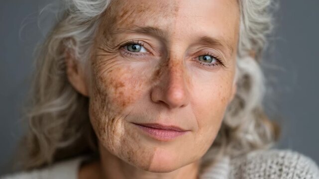 Aging vs. youthful skin comparison on a woman&rsquo;s face, left half textured with lines and pigmentation, right half bright, even-toned, and rejuvenated, clean background emphasizing t