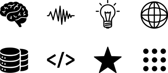 Professional black solid and linear icon set for technology and business featuring brain, lightbulb idea, globe, data server, coding, and star symbols.