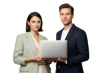 Colleagues holding a laptop computer for client proposal review and project briefing, business consultation scene with copy space for message placement and service presentation on isolated background
