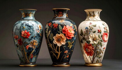 Floral Ceramic Vases &ndash; Intricate Hand-Painted Designs in Blue, White, and Multicolor Against Dark Background