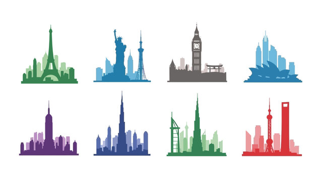 Colorful global landmark silhouette collection, featuring iconic buildings and cityscapes,
