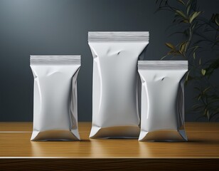 A white empty shelf displays a blank plastic bottle, a glass container, and a food paper box for product packaging design