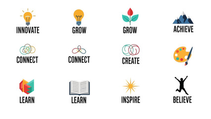 Motivational Icons and Words Depicting Growth Innovation and Achievement for Business Success © M.A.K