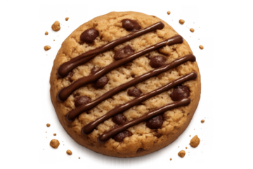 Chocolate chip cookie with chocolate icing lines and crumbs, a sweet treat and dessert, top view, transparent background