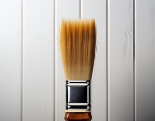 An isolated artist paintbrush with soft bristles and a wooden handle leans against a white wall, serving as a versatile tool for painting, design, and creative work