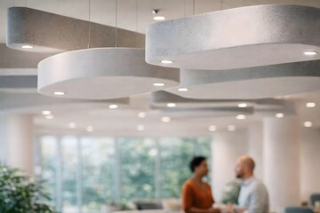 Modern office with acoustic ceiling panels for sound dampening and sensory regulation.