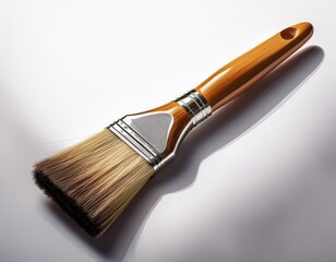 A clean wooden paintbrush tool with natural bristles and a metal ferrule isolated on a white background for art, craft, and studio painting design