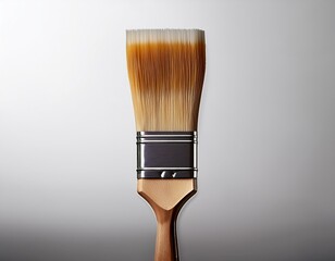 A professional wooden paintbrush tool with natural bristles and a metal ferrule isolated on a white background for art craft and home improvement painting work