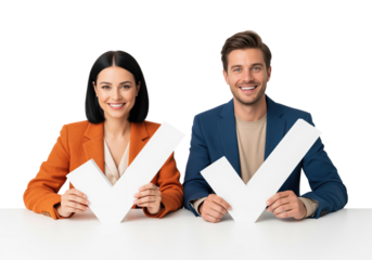 Checkmark approval sign held by two colleagues at a desk for client feedback and decision making, verification and compliance confirmation for service rating on isolated background