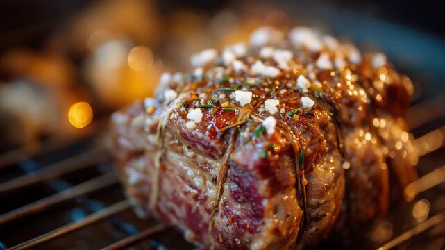 Close-up macro of tied beef roast, salt and pepper crystals visible on glistening meat, rack and kitchen surface softly blurred, warm and inviting culinary scene