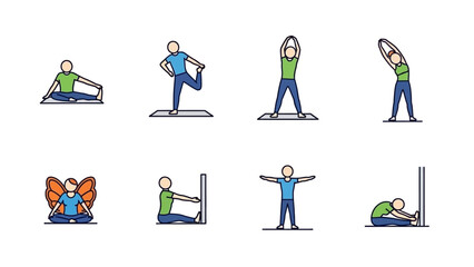 Diverse yoga poses for wellness and flexibility promotion in minimalist style format