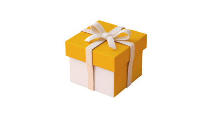 Yellow gift box with white ribbon on orange background