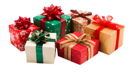A collection of colorful wrapped gifts with bows, featuring red, green, and gold designs, arranged in a festive manner