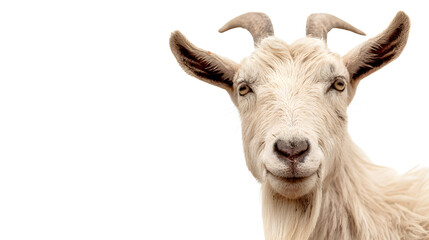 Close-up of a white goat's face with soft focus background