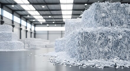Large piles of shredded paper neatly stacked in a vast factory, representing a recycling and data security concept for industrial processes