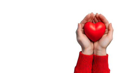 Hands holding a red heart on a blue background