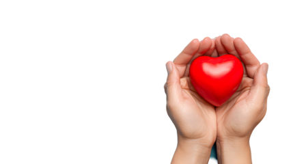 Hands holding a red heart on a blue background