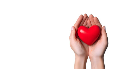 Hands holding a red heart on a blue background