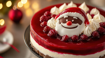 Close-up of a Santa Claus-themed cheesecake with red berry glaze, white whipped cream accents, and a smiling chocolate Santa face on top 