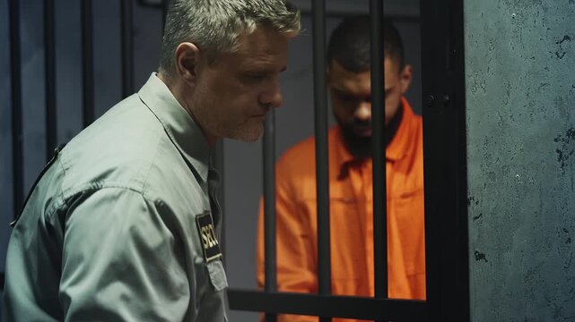 Aggressive prison guard removing African American male inmate from his cell