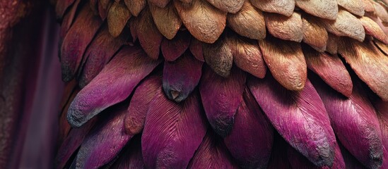 Close up of layered feather structures with vibrant red and brown tones