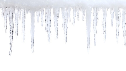Icicles hanging in clean geometric forms, creating a sharp and cold visual texture against a stark white background. Winter Wonderland from a Frozen Surface with copy space.