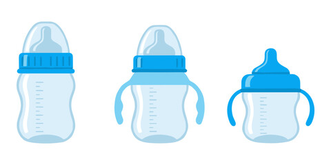 Baby bottles and sippy cup vector illustration set