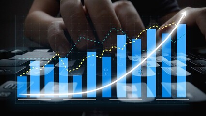 A close-up of a computer keyboard with financial graphs and charts highlighting growth trends, emphasizing the importance of data analysis in business decisions. Copula