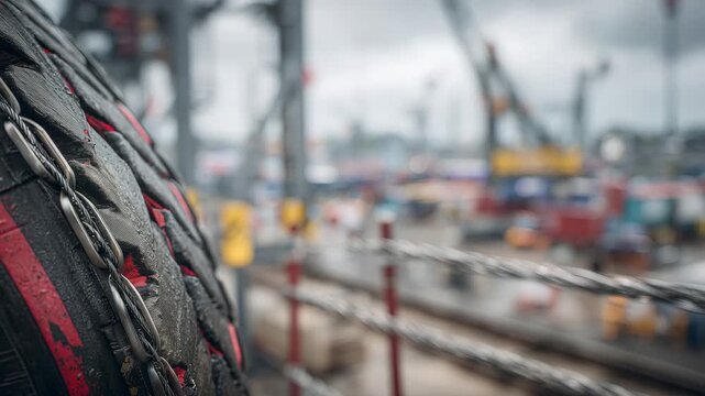 Close-up perspective of thick rubber tires bound together to create a red-and-black safety buffer, metallic wires and straps holding them in place, trackside atmosphere filled with