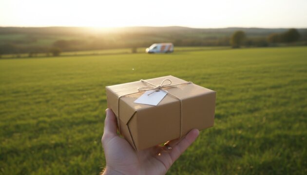 Hand holding a small, brown, plain cardboard gift box tied with natural twine and a blank white tag, set against a blurred background of a sunny green field with a delivery van in the distance