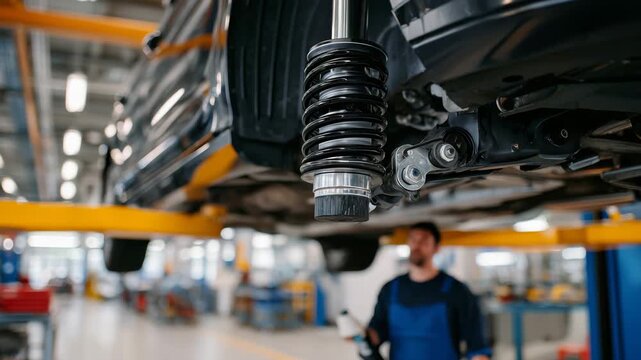 Close-up view of a modern car suspension system lifted on a hydraulic platform, showcasing polished shock absorbers, control arms, and differential components as an auto mechanic i