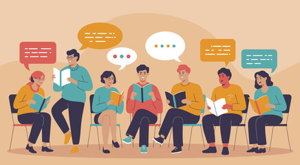 Flat Design Illustration of Authors and Readers in Panel Discussion at Ubud Writers and Readers Event