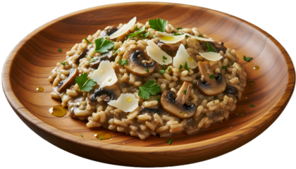 Traditional italian mushroom risotto with shaved parmesan served in a wooden bowl