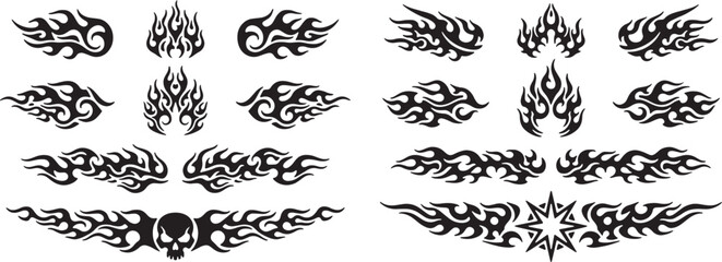 Dynamic black fire flame graphics and tribal burning elements for sports racing and hot rod decals.