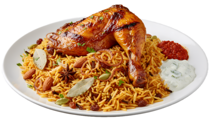 Arabic spiced rice with roasted chicken and yogurt sauce on a white plate