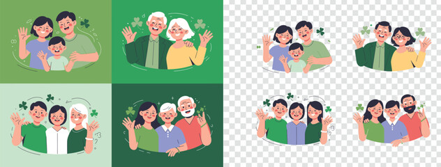 Fototapeta premium Diverse families and friends happily waving hello celebrating the festive Irish tradition