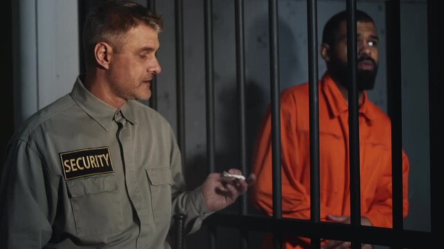 Prison guard secretly handing drugs to male inmate inside cell, contraband crime