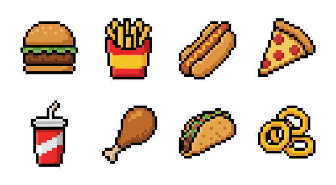 Pixel art fast food collection representing classic tasty dishes