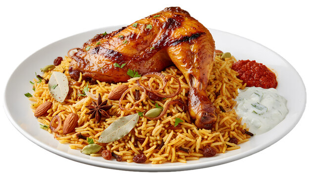 Arabic spiced rice with roasted chicken and yogurt sauce on a white plate