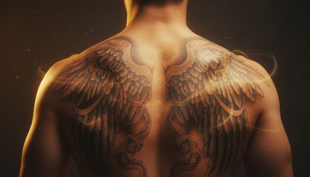 Detailed black ink tattoo of large wings on upper back of muscular man with golden light particles and ethereal glow effects