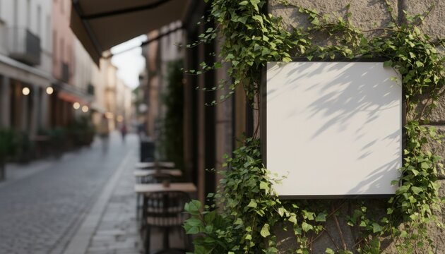 Empty square white mockup sign on stone building wall surrounded by green ivy leaves in blurred European cobblestone street